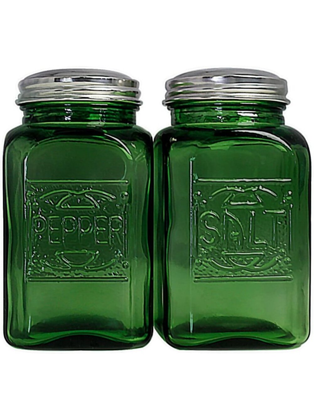 Chic Green Glass Salt and Pepper Shakers - Vintage Depression Style Decor